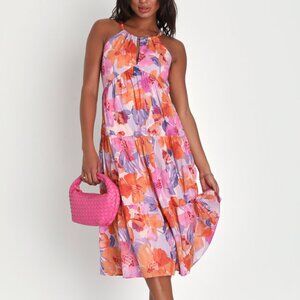 Lulus Sunny Fantasy Pink Multi Floral Tiered Midi Dress With Pockets - Size L